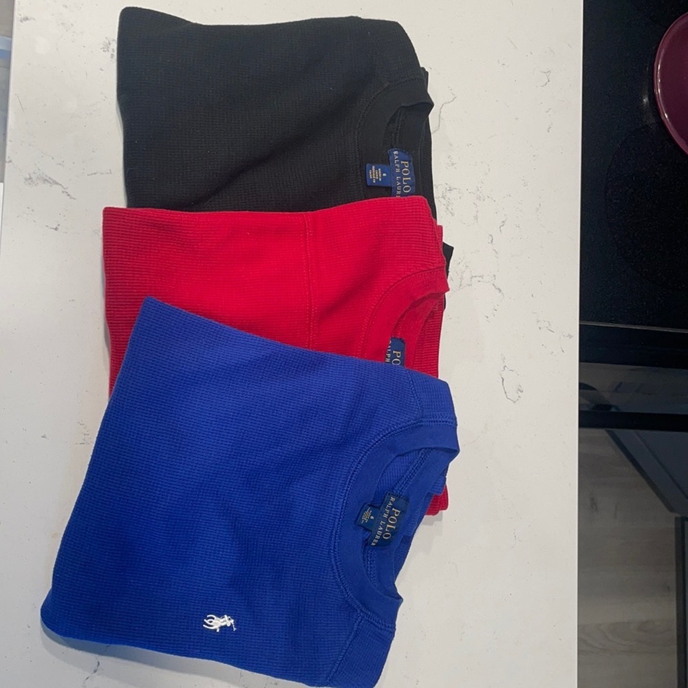 Ralph Lauren Waffle Long Sleeve Shirts, Black, Red & Blue, Size 6